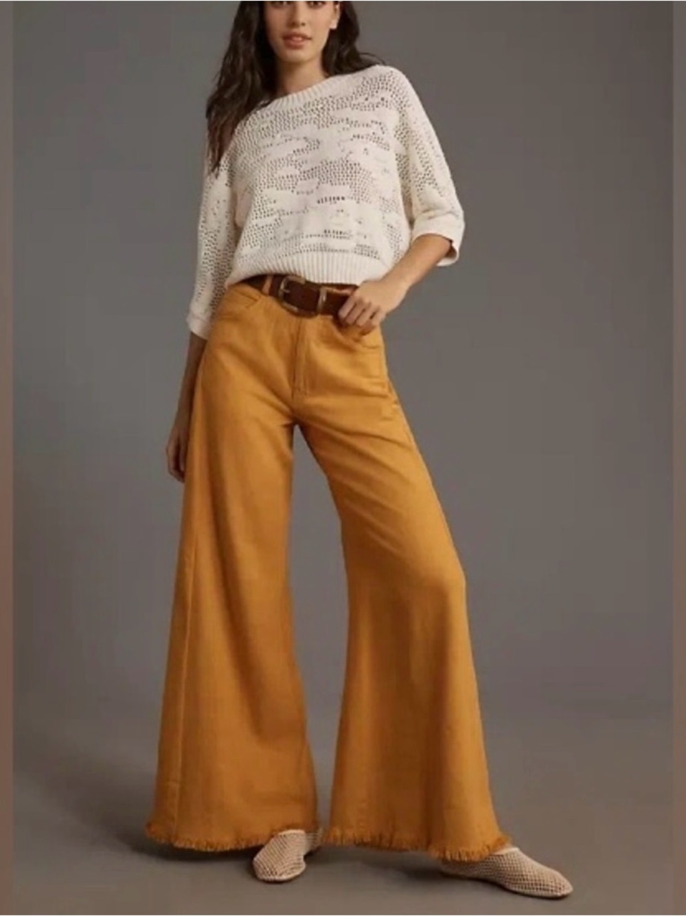 Pilcro The Adi Mid Rise Frayed Relaxed Flare Linen Pants